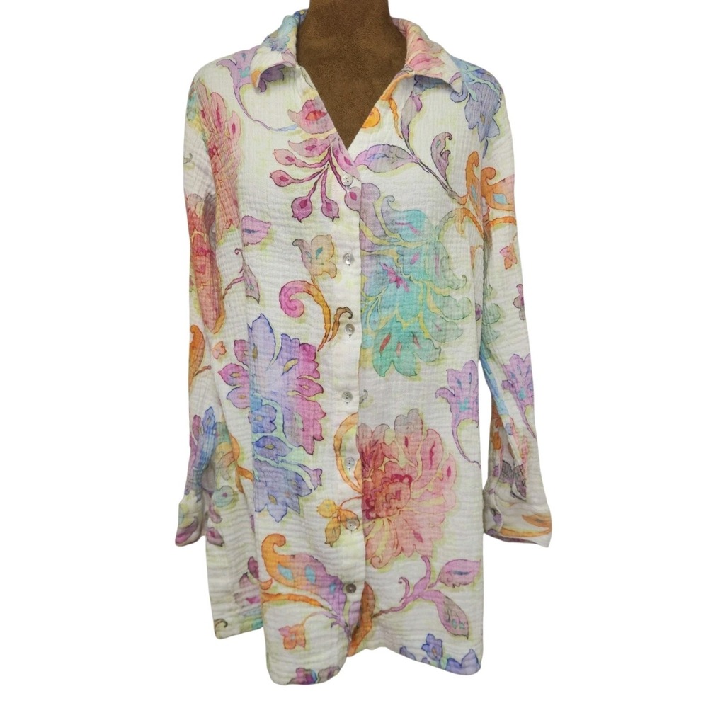 Women's Soft Surroundings TopButton Down Blouse Size XL Colorful Gauzy Cotton